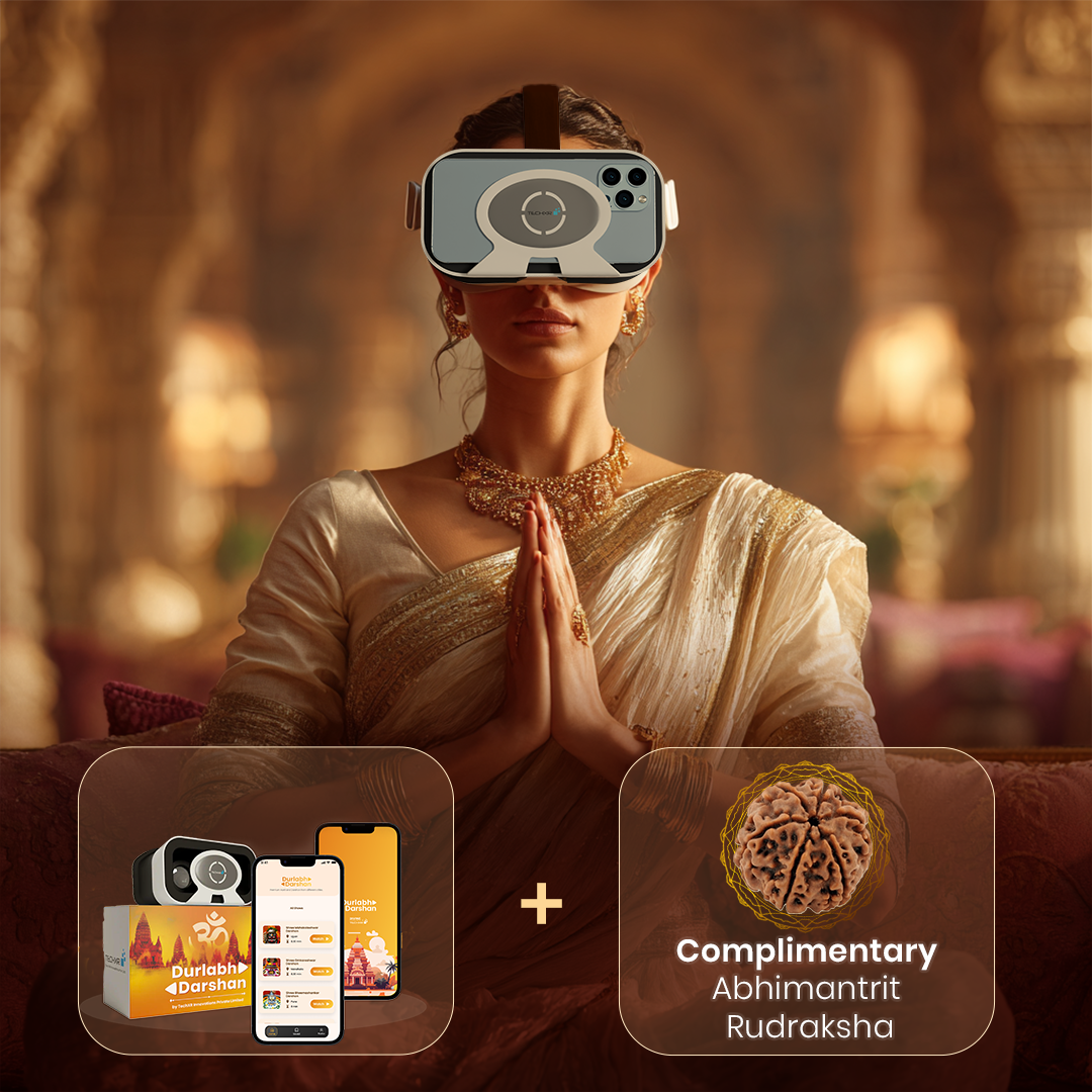 Woman in traditional attire with VR headset, digital products, and Abhimantarit Rudraksha in a decorated room.
