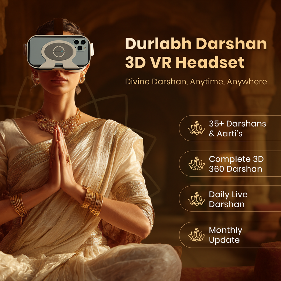 Woman in traditional attire with a 3D VR headset, promoting Durlabh Darshan 3D VR Headset.